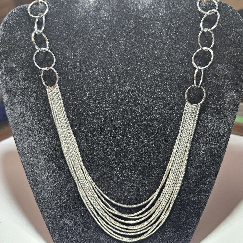 Silver Tone Layered Chain Looped Circles Necklace 20-23"